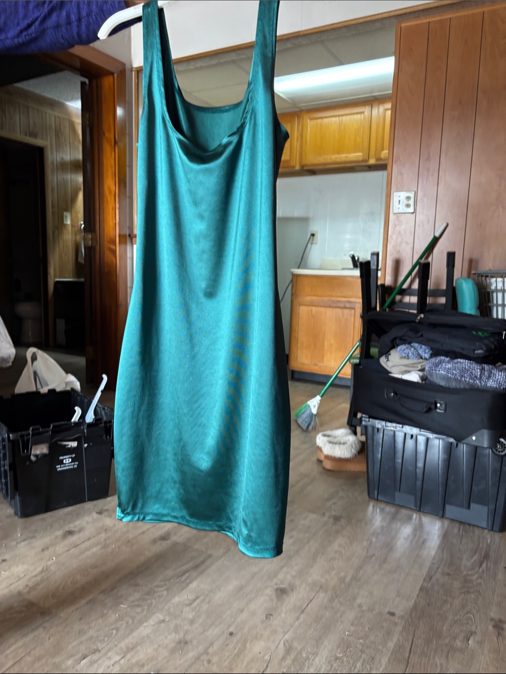 Satin Teal Midi Slip Dress with Cowl Neck